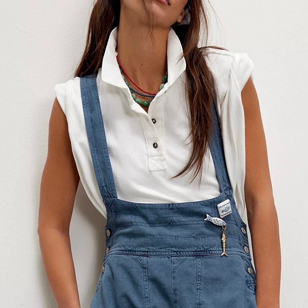 NEW Free People We The Free Keep On Ivory Cotton Slouchy Oversized Fit Polo Top